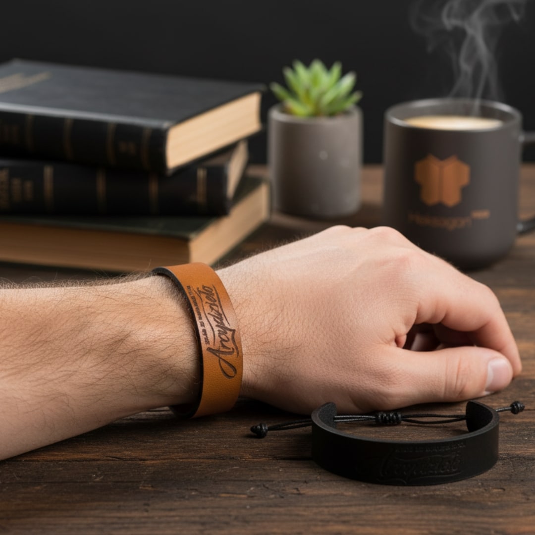 Bransoletka męska skórzana z grawerem "Arcydzieło" w kolorze brązowym na nadgarstku. W tle kubek kawy i książki.